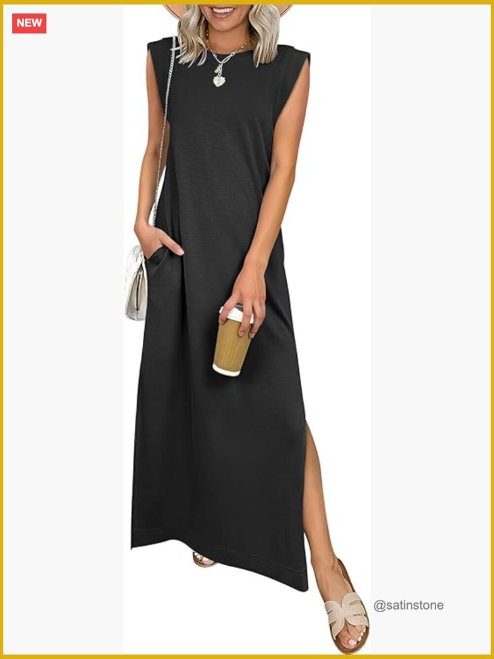 Women's Sleeveless Maxi Dress Crewneck Side Slit Wrinkle-Free Beach Vacation - Picture 1 of 7